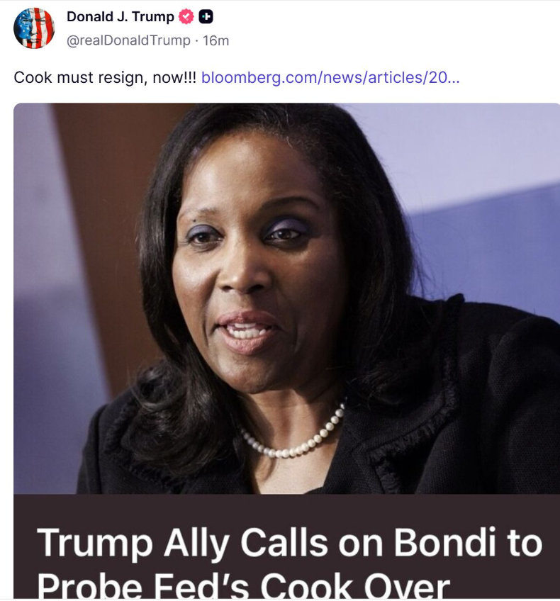 对美联储持续施压！特朗普呼吁美联储理事Lisa Cook辞职 - 图片2